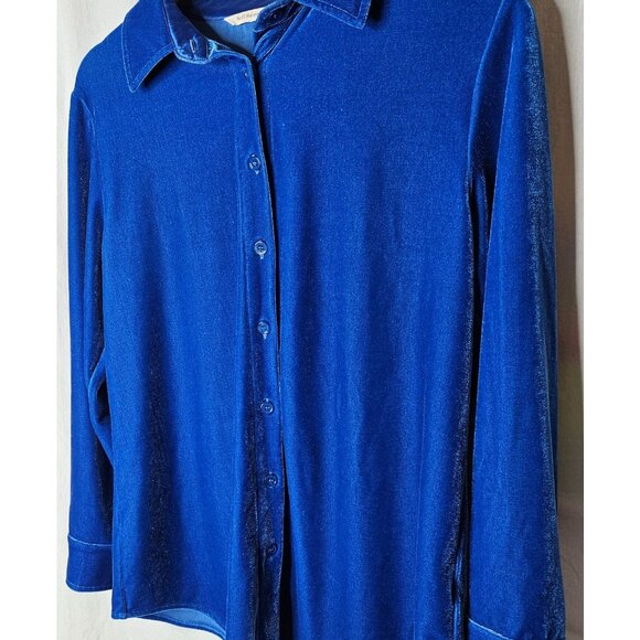 Soft Surroundings Womens Blue Velvet Velour Button Down Shirt Petite Small - Picture 2 of 6